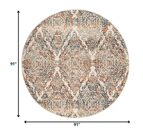 8’ Round Ivory Brown Decorative Diamond Area Rug