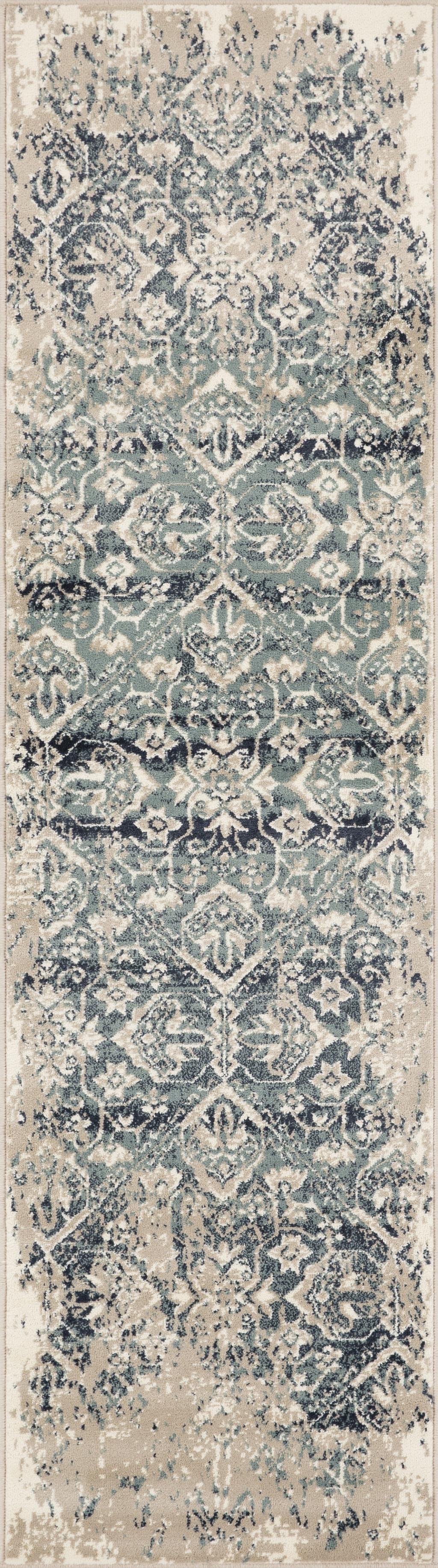 2’ x 8’ Beige Blue Distressed Diamonds Runner Rug