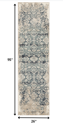 2’ x 8’ Beige Blue Distressed Diamonds Runner Rug