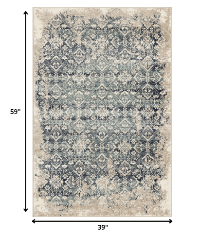 3’ x 5’ Beige Blue Distressed Diamonds Area Rug