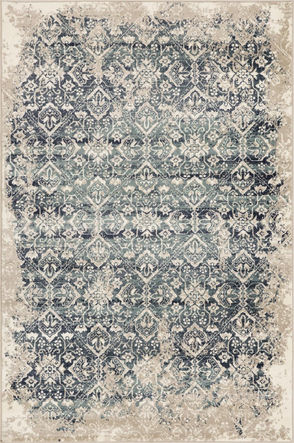 8’ x 11’ Beige Blue Distressed Diamonds Area Rug
