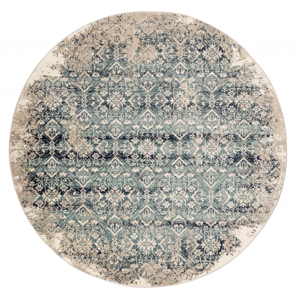 8’ Round Beige Blue Distressed Diamonds Area Rug