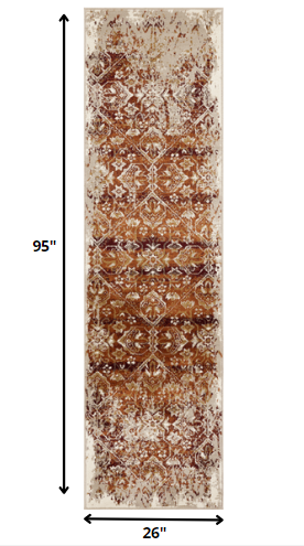 2’ x 8’ Rust Ivory Distressed Diamonds Runner Rug