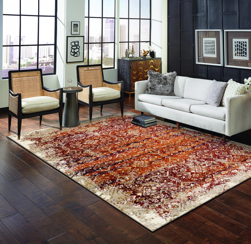 8’ x 11’ Rust Ivory Distressed Diamonds Area Rug