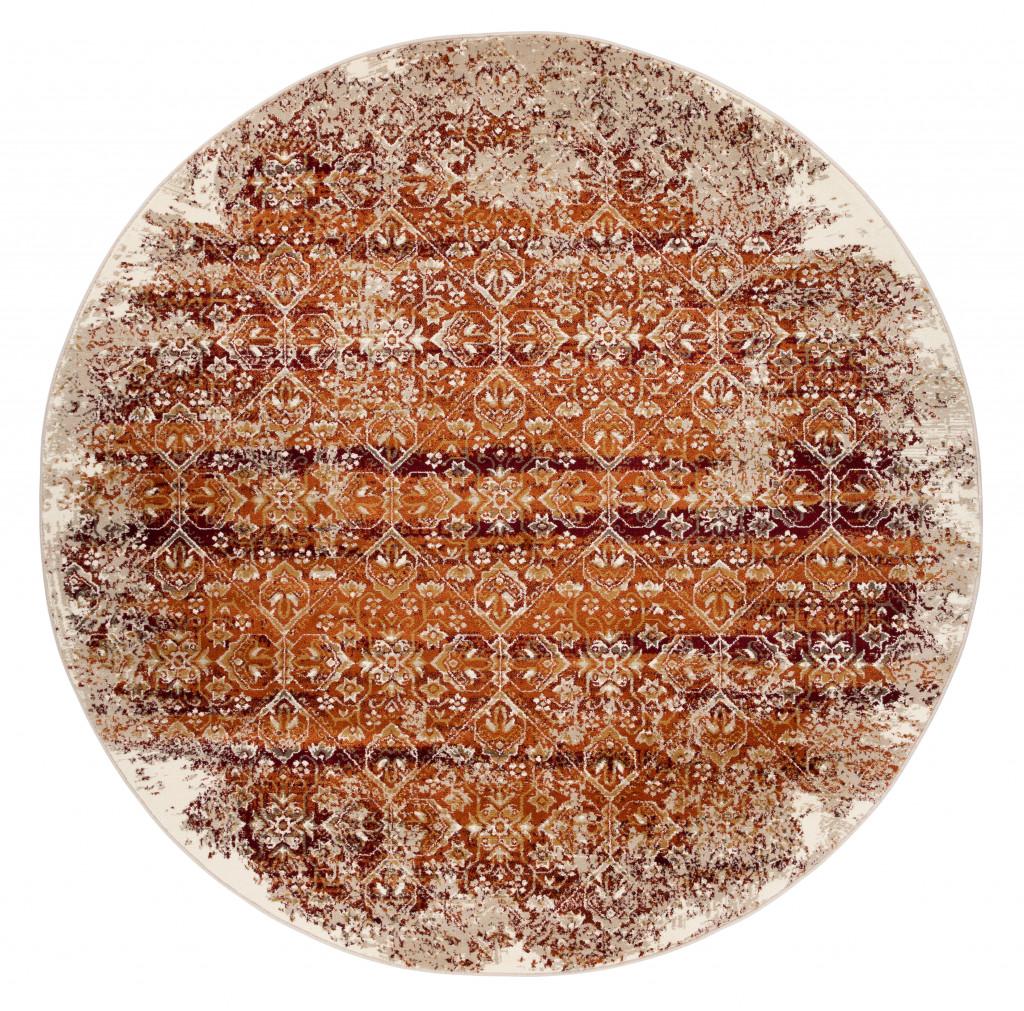 8’ Round Rust Ivory Distressed Diamonds Area Rug