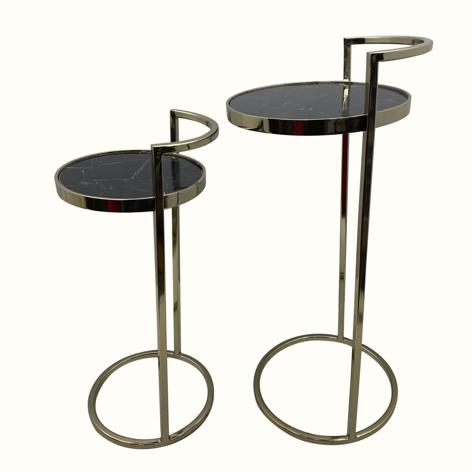 Set Of Two Gold And Black Stone Round Nested End Tables