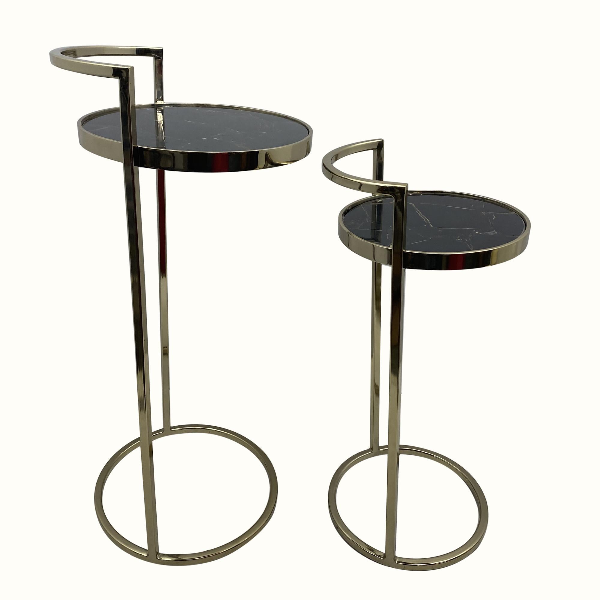 Set Of Two Gold And Black Stone Round Nested End Tables