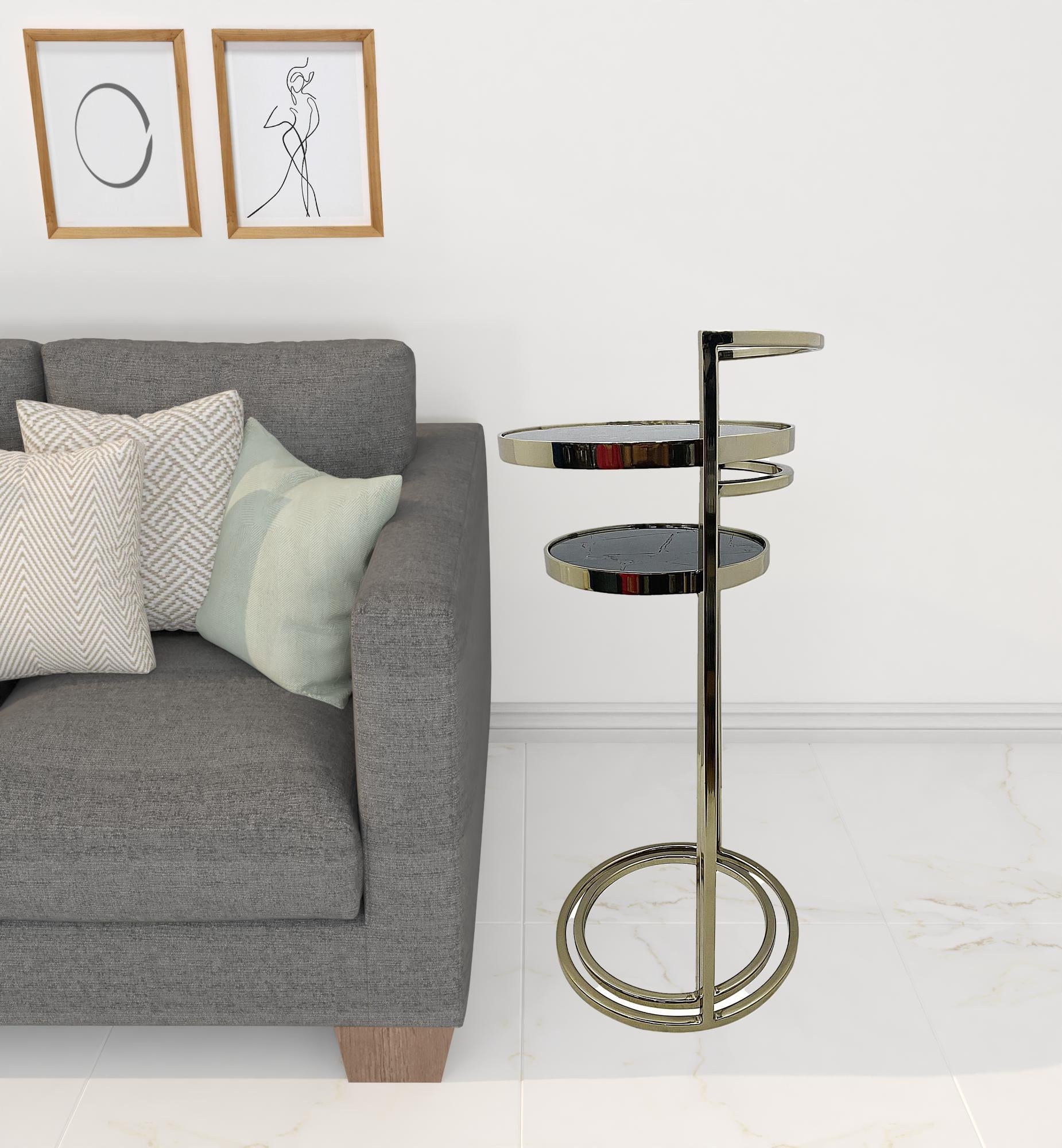 Set Of Two Gold And Black Stone Round Nested End Tables