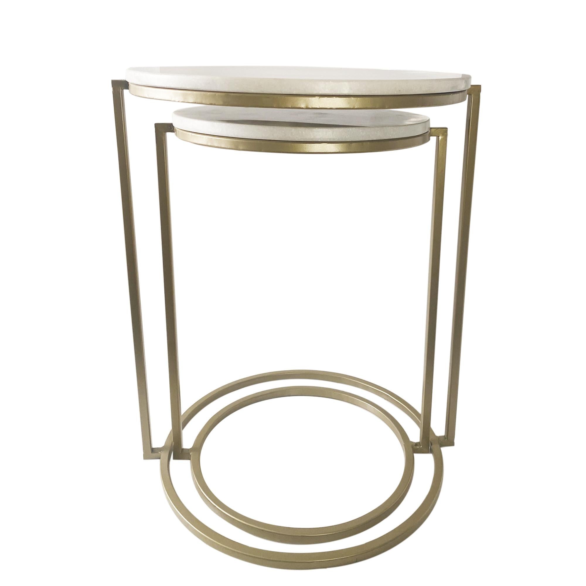 Set of Two White Marble and Gold Geo Circle Nesting End Tables