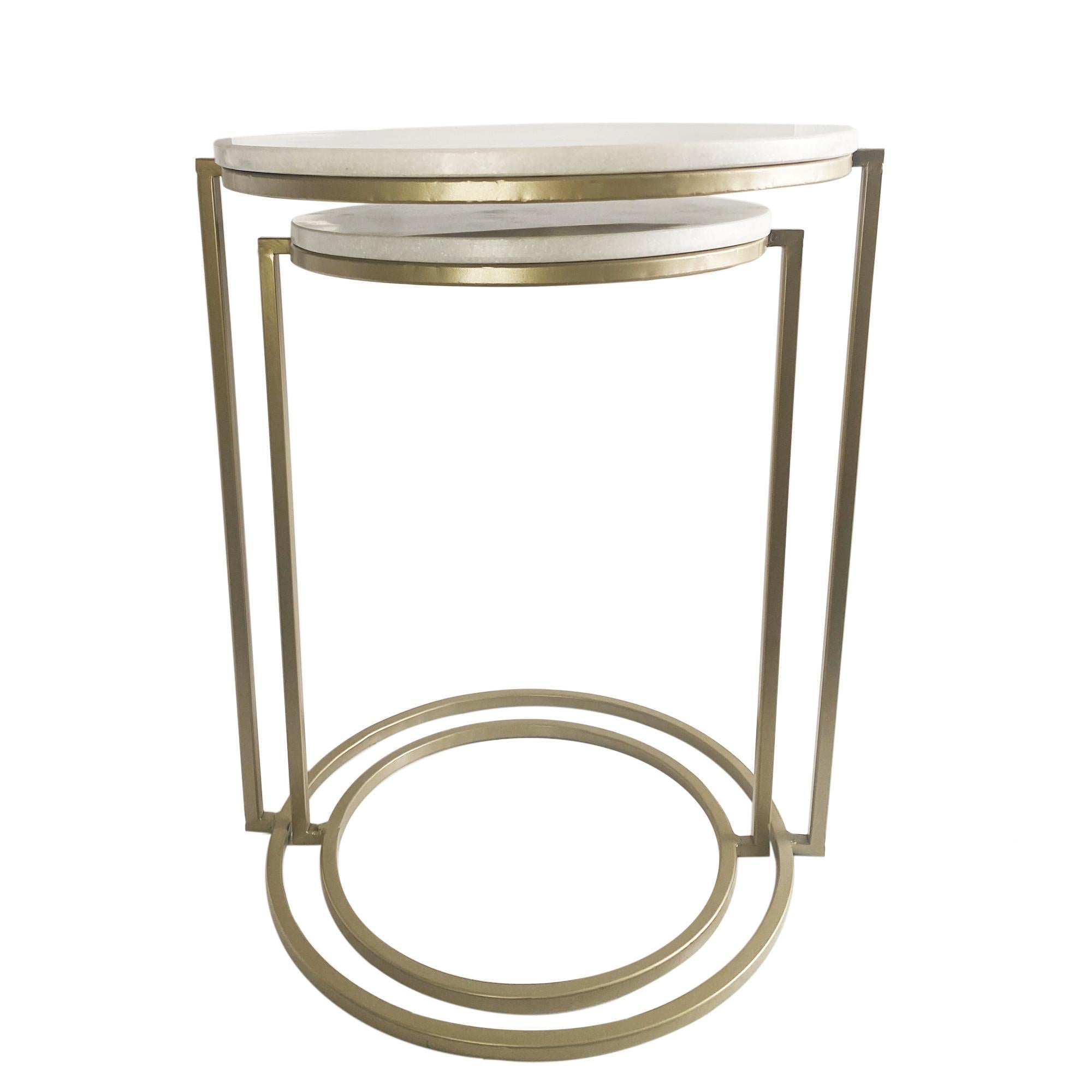 Set of Two White Marble and Gold Geo Circle Nesting End Tables