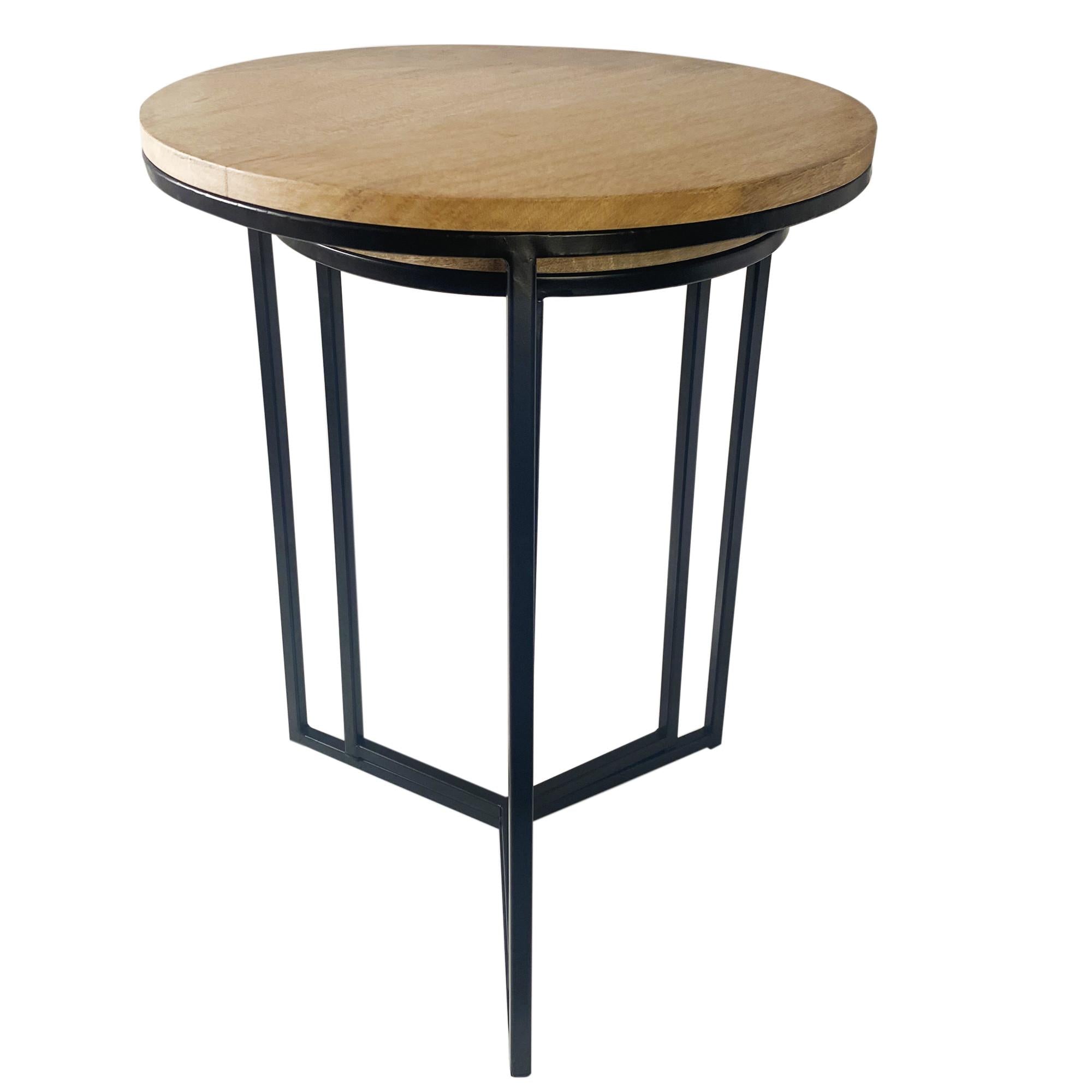 Set of Two Natural Wood and Black Geo Tri Nesting End Tables