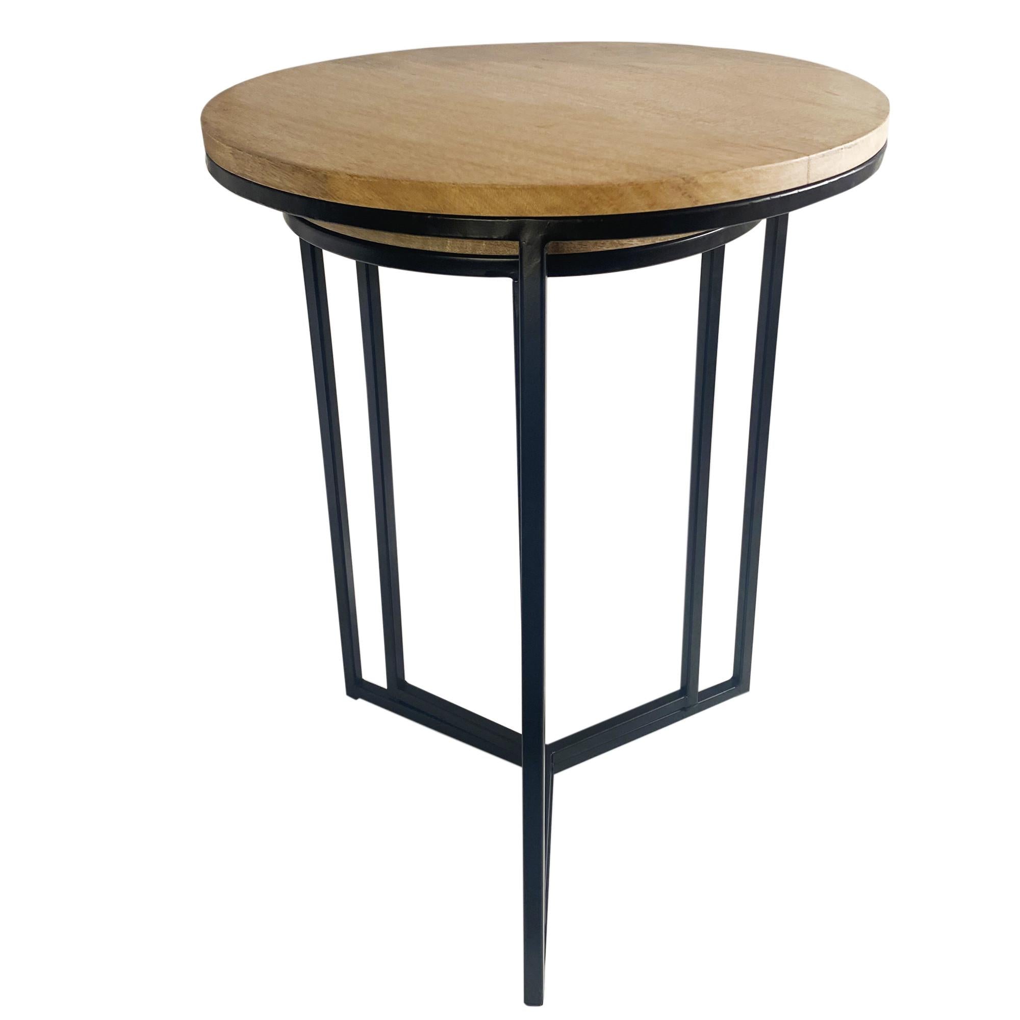 Set of Two Natural Wood and Black Geo Tri Nesting End Tables