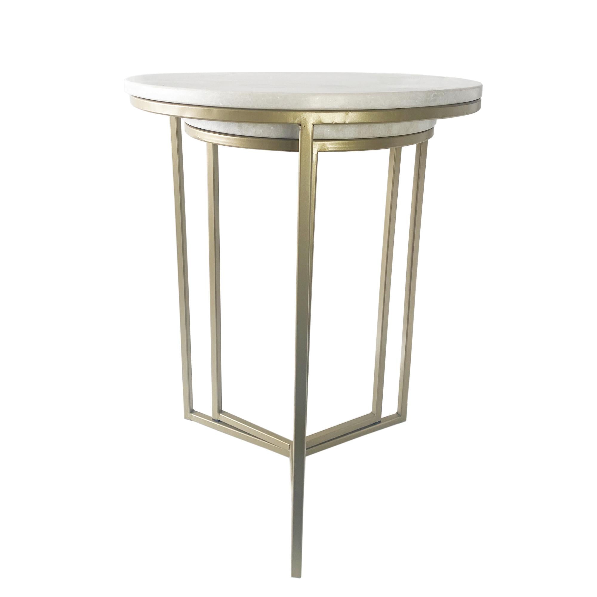 Set of Two Wide White Marble and Gold Geo Tri Nesting End Tables