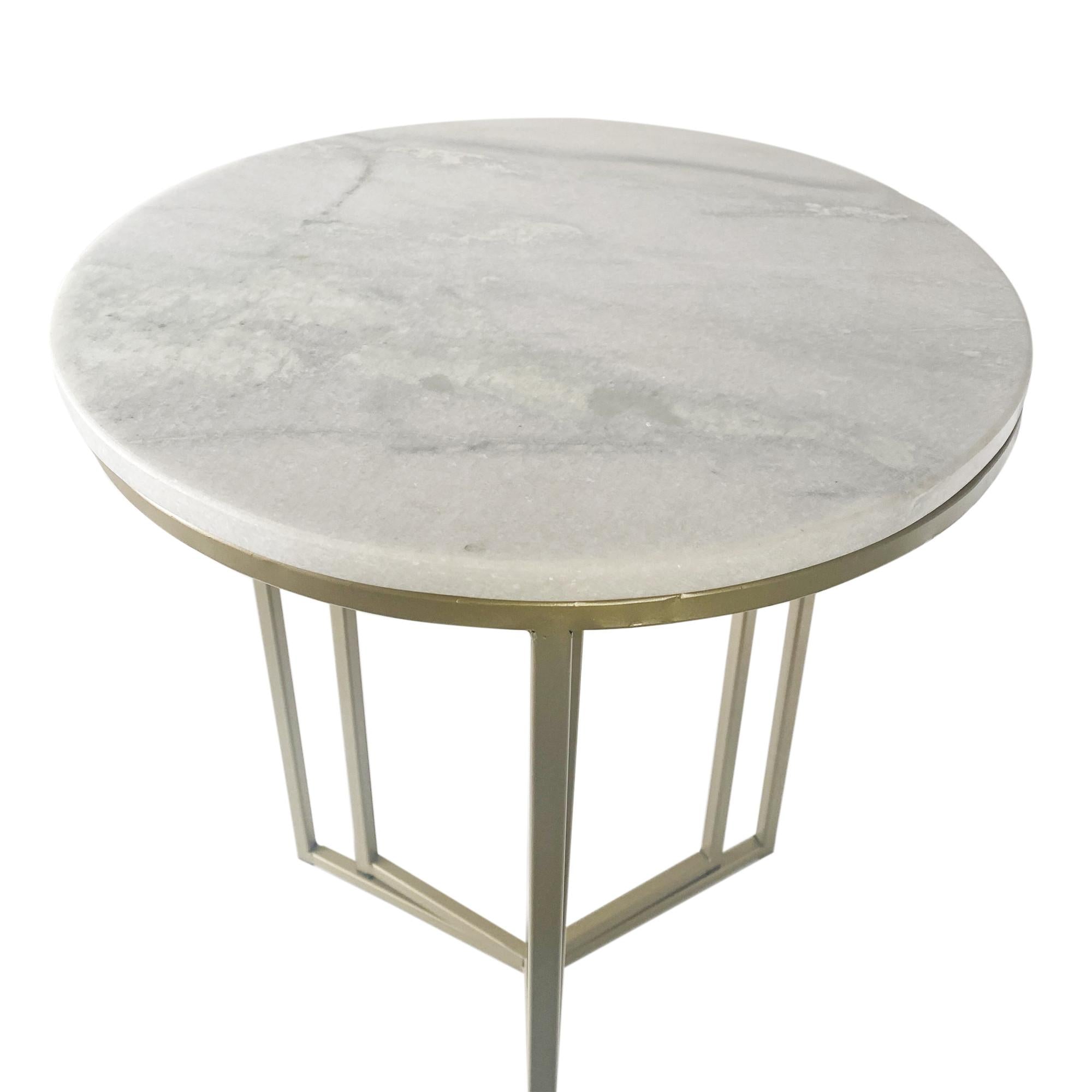 Set of Two Wide White Marble and Gold Geo Tri Nesting End Tables