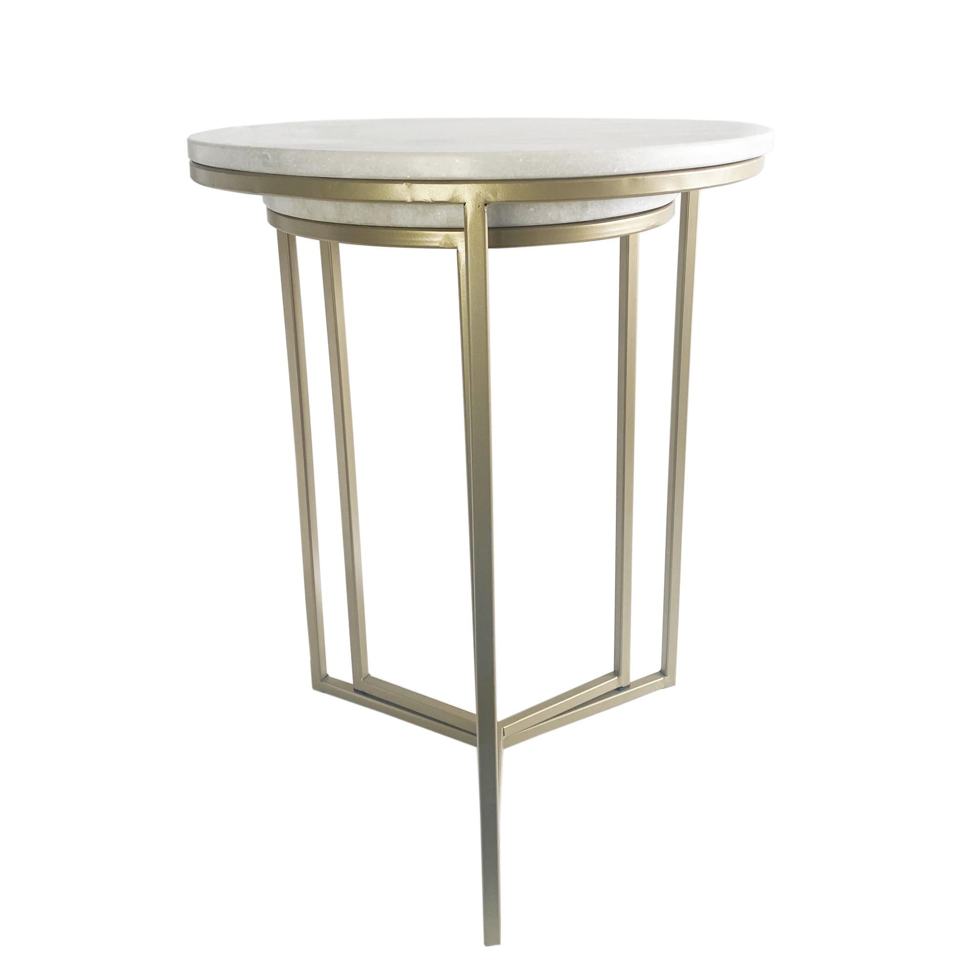 Set of Two Wide White Marble and Gold Geo Tri Nesting End Tables