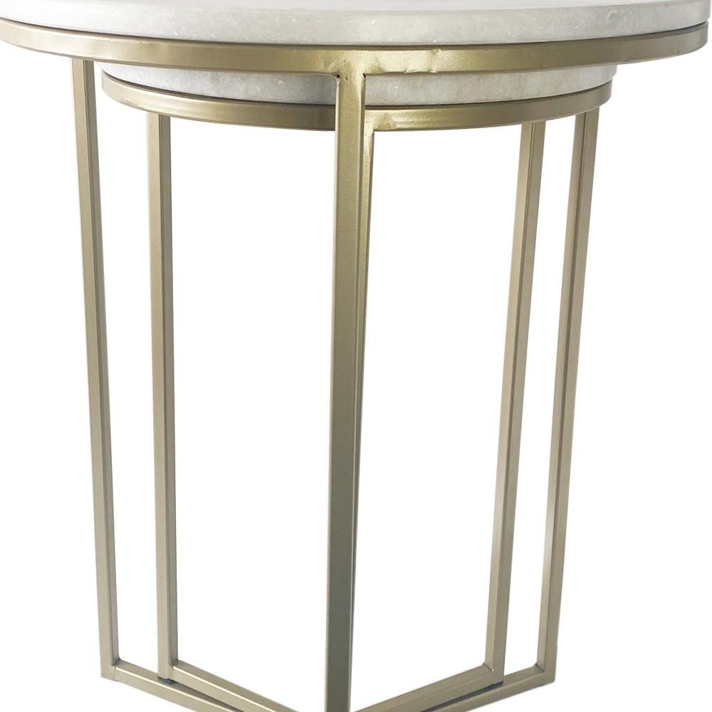 Set of Two Wide White Marble and Gold Geo Tri Nesting End Tables