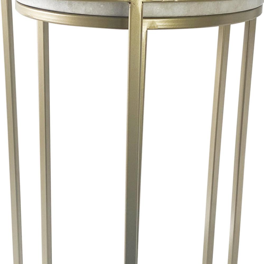 Set of Two Wide White Marble and Gold Geo Tri Nesting End Tables