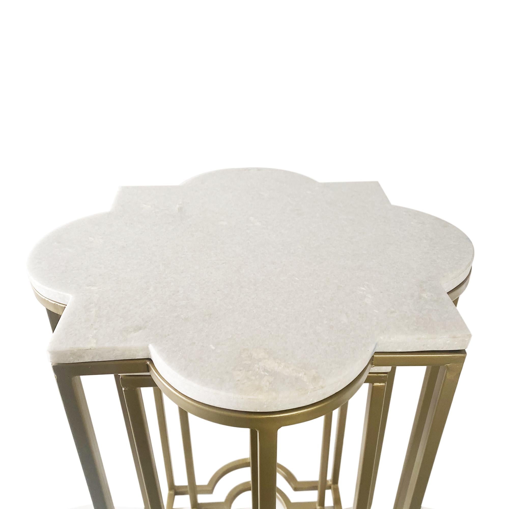 Set of Two White Marble and Gold Quatrefoil Nesting End Tables