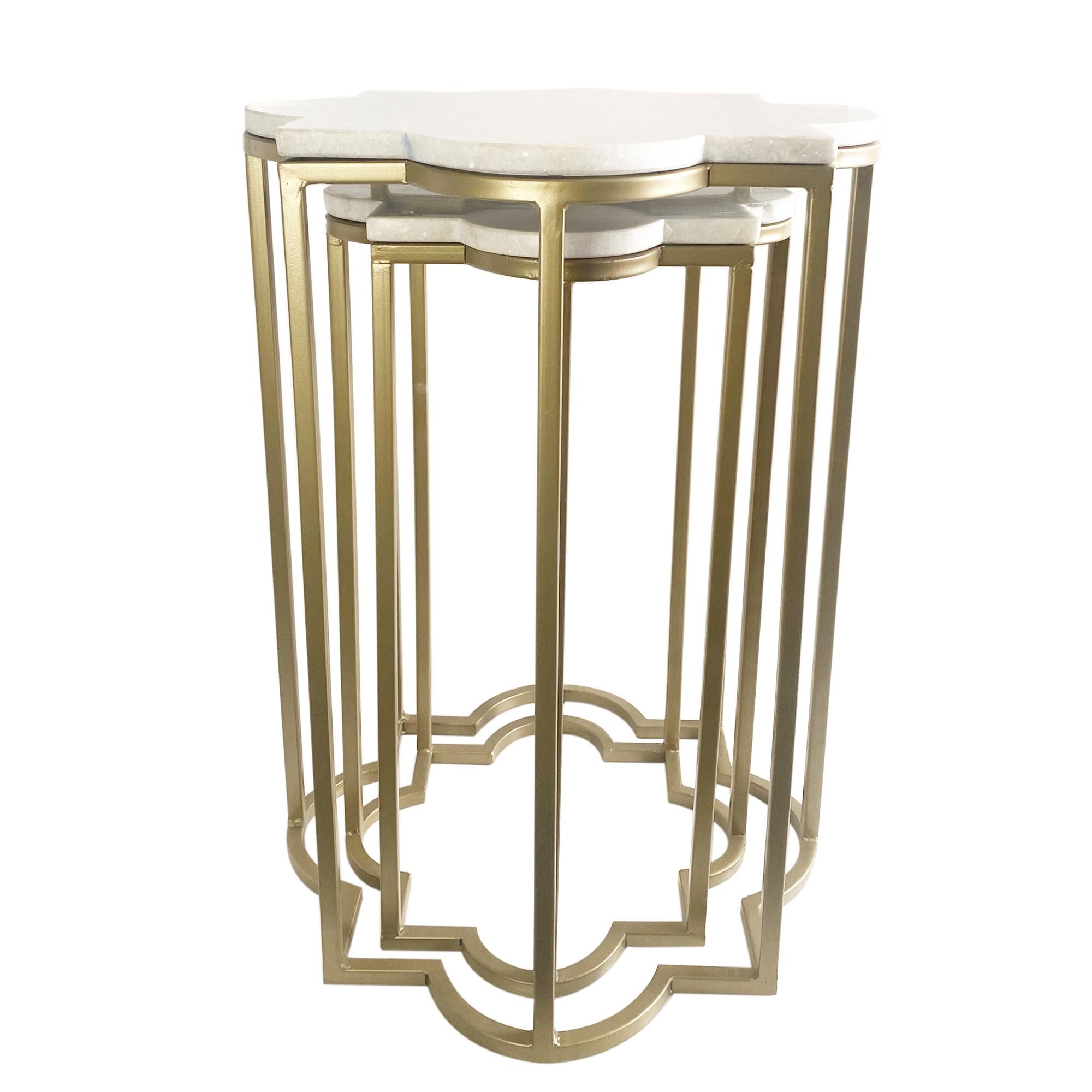 Set of Two White Marble and Gold Quatrefoil Nesting End Tables