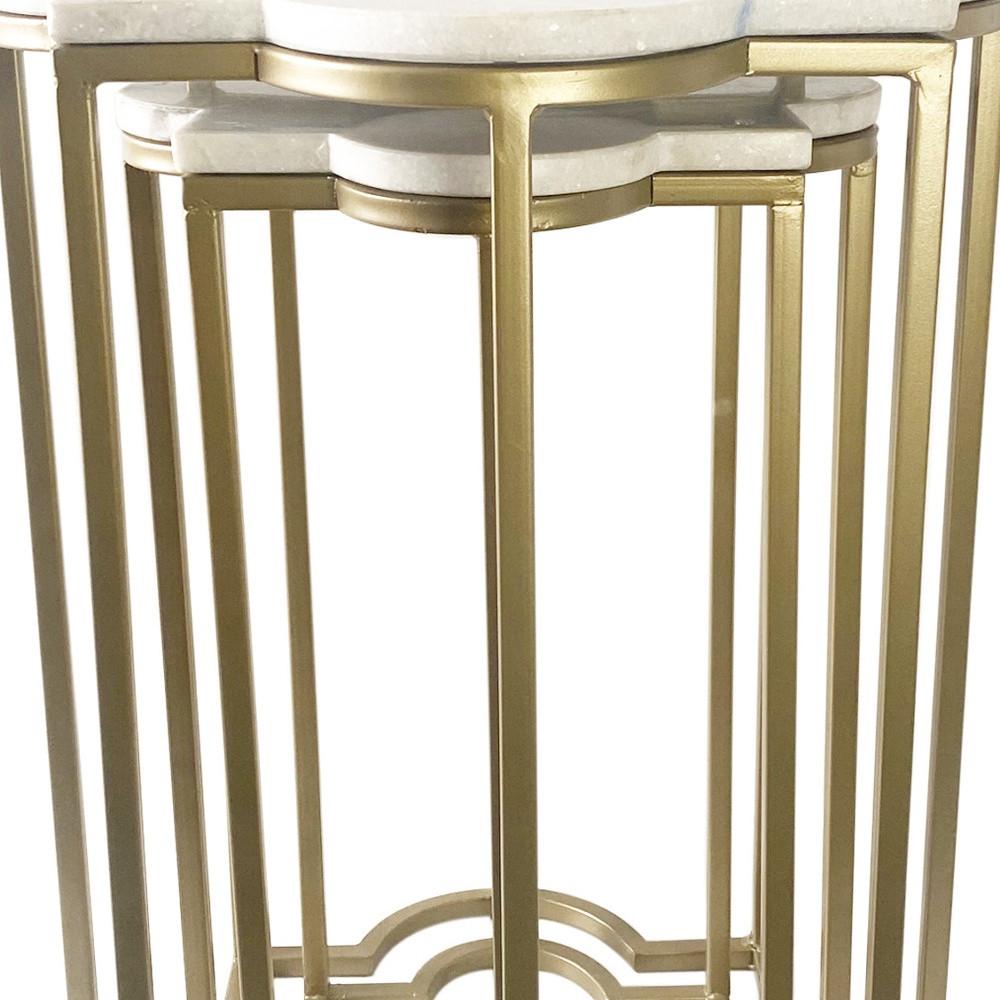 Set of Two White Marble and Gold Quatrefoil Nesting End Tables