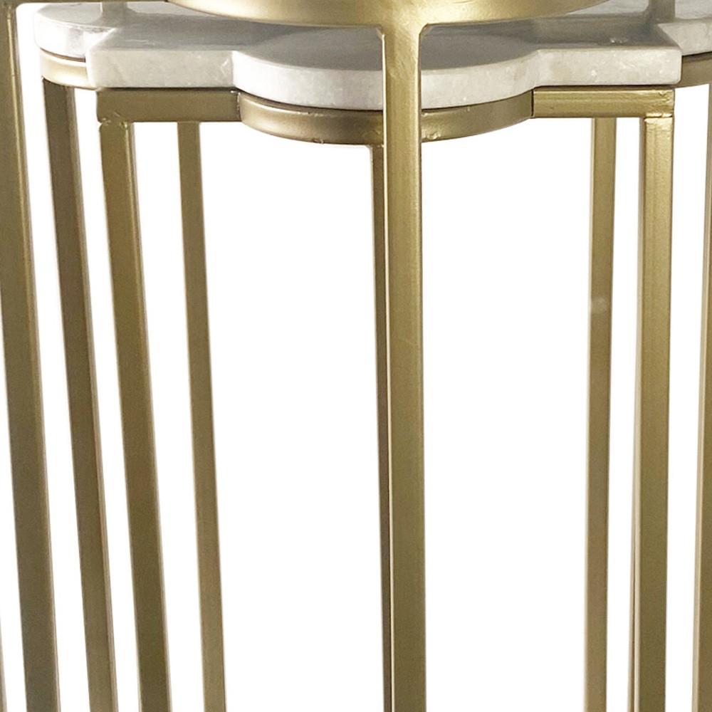 Set of Two White Marble and Gold Quatrefoil Nesting End Tables