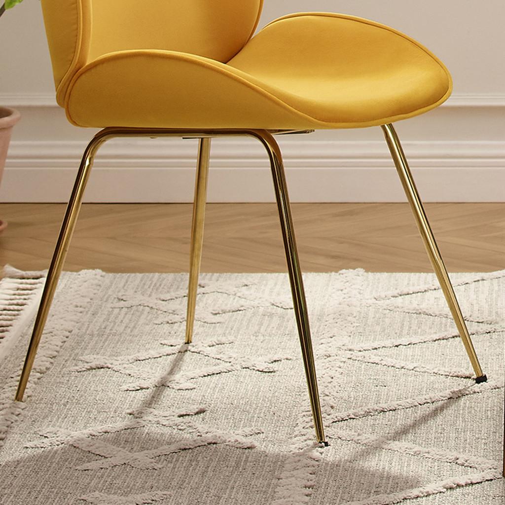 Set of Two Gold and Yellow Velvet Shell Shape Dining Chairs