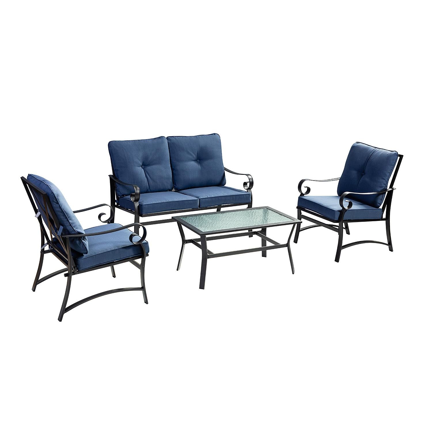 Iron Scroll Slate Blue Outdoor Sofa Seating and Table Set