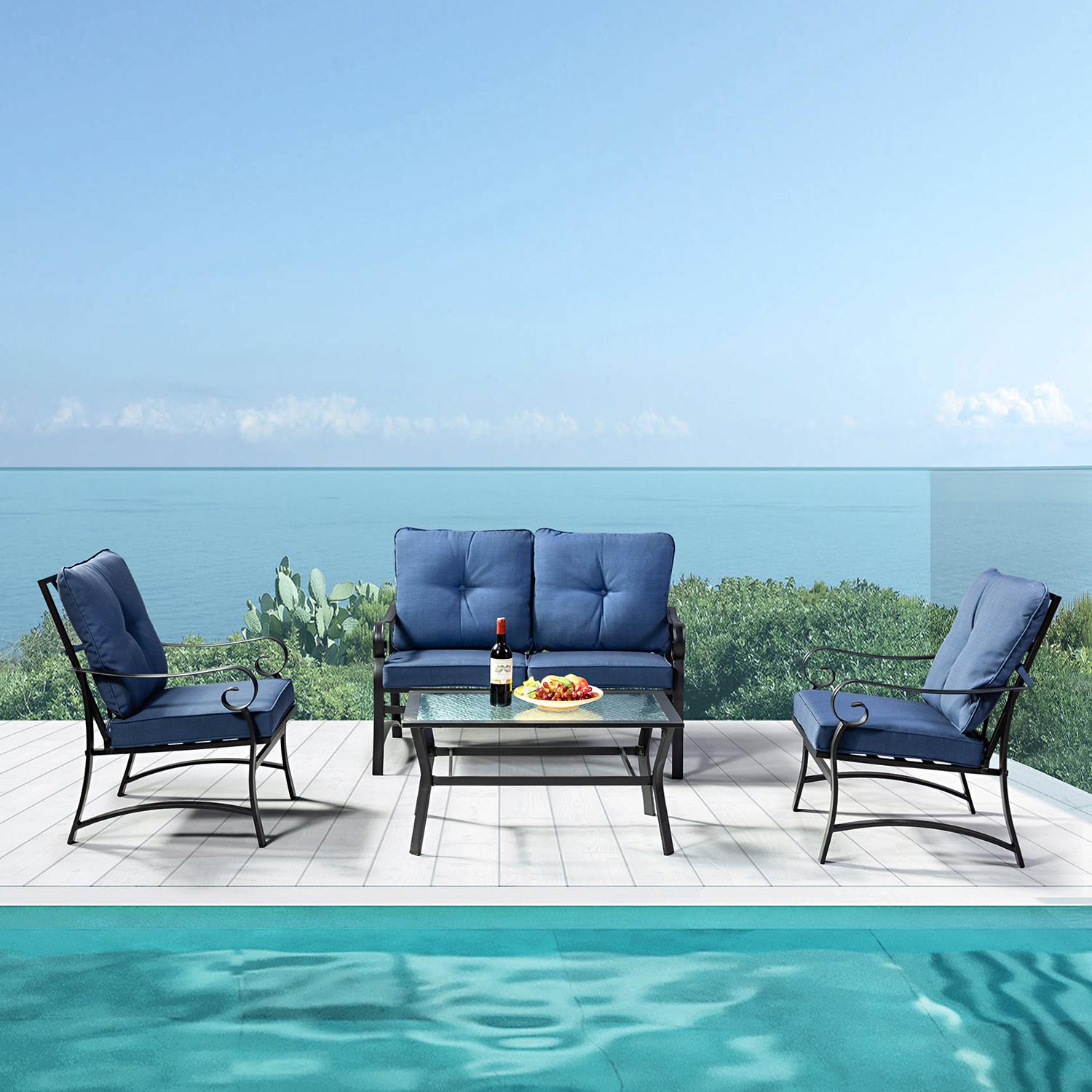 Iron Scroll Slate Blue Outdoor Sofa Seating and Table Set