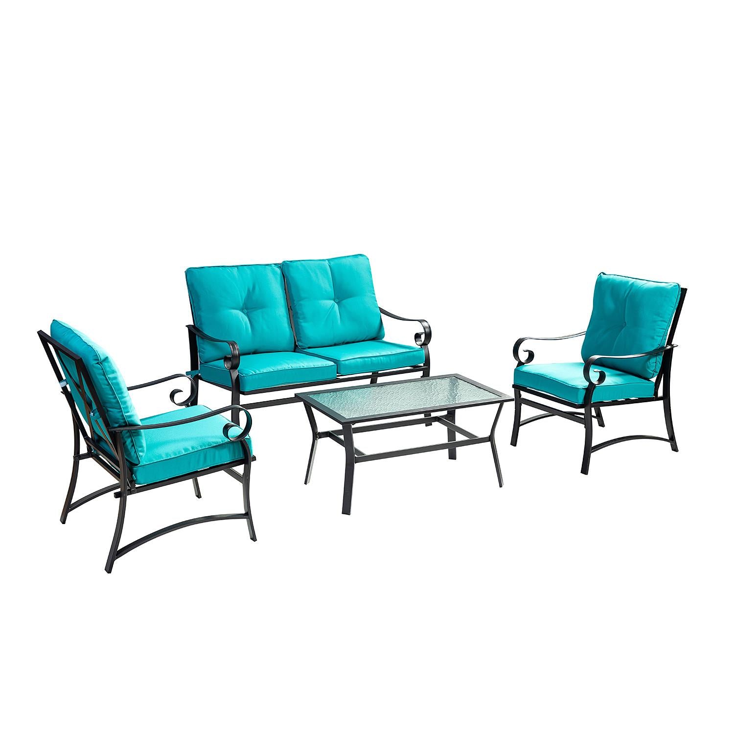 Iron Scroll Aqua Blue Outdoor Sofa Seating and Table Set