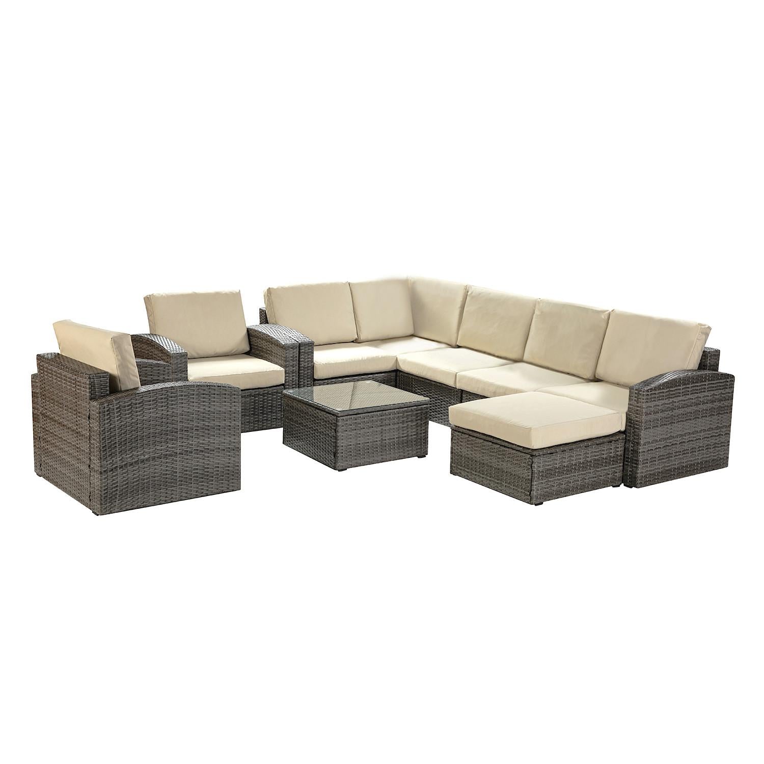 Brown Faux Rattan and Ivory Outdoor Sectional Sofa and Table Set
