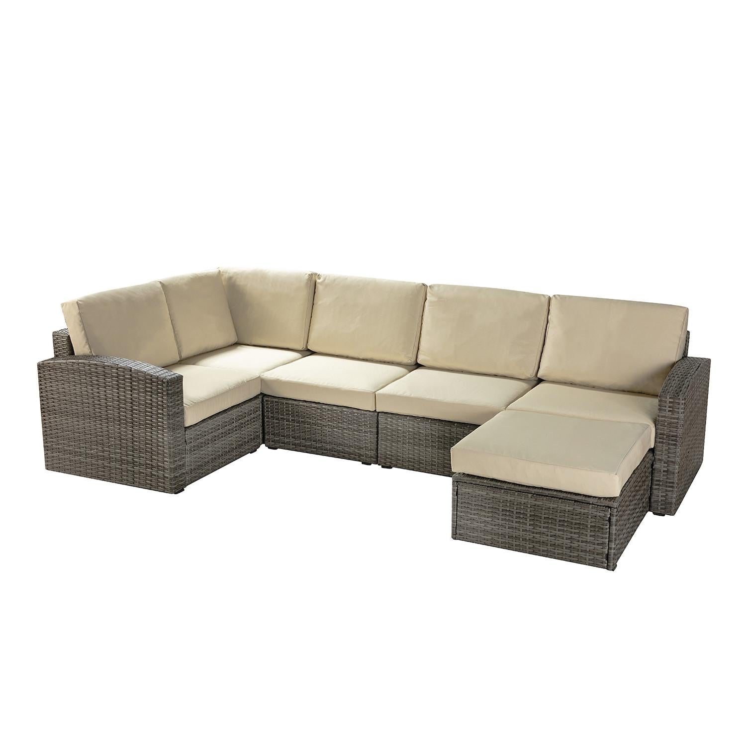 Brown Faux Rattan and Ivory Outdoor Sectional Sofa and Table Set