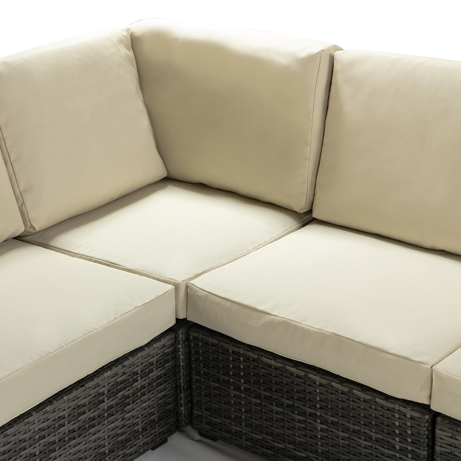 Brown Faux Rattan and Ivory Outdoor Sectional Sofa and Table Set