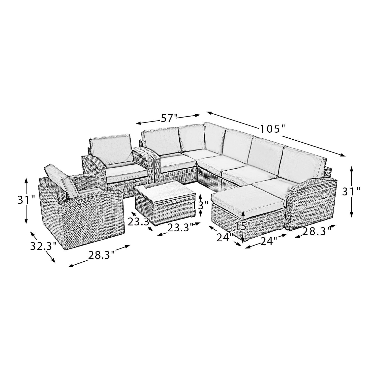 Brown Faux Rattan and Ivory Outdoor Sectional Sofa and Table Set