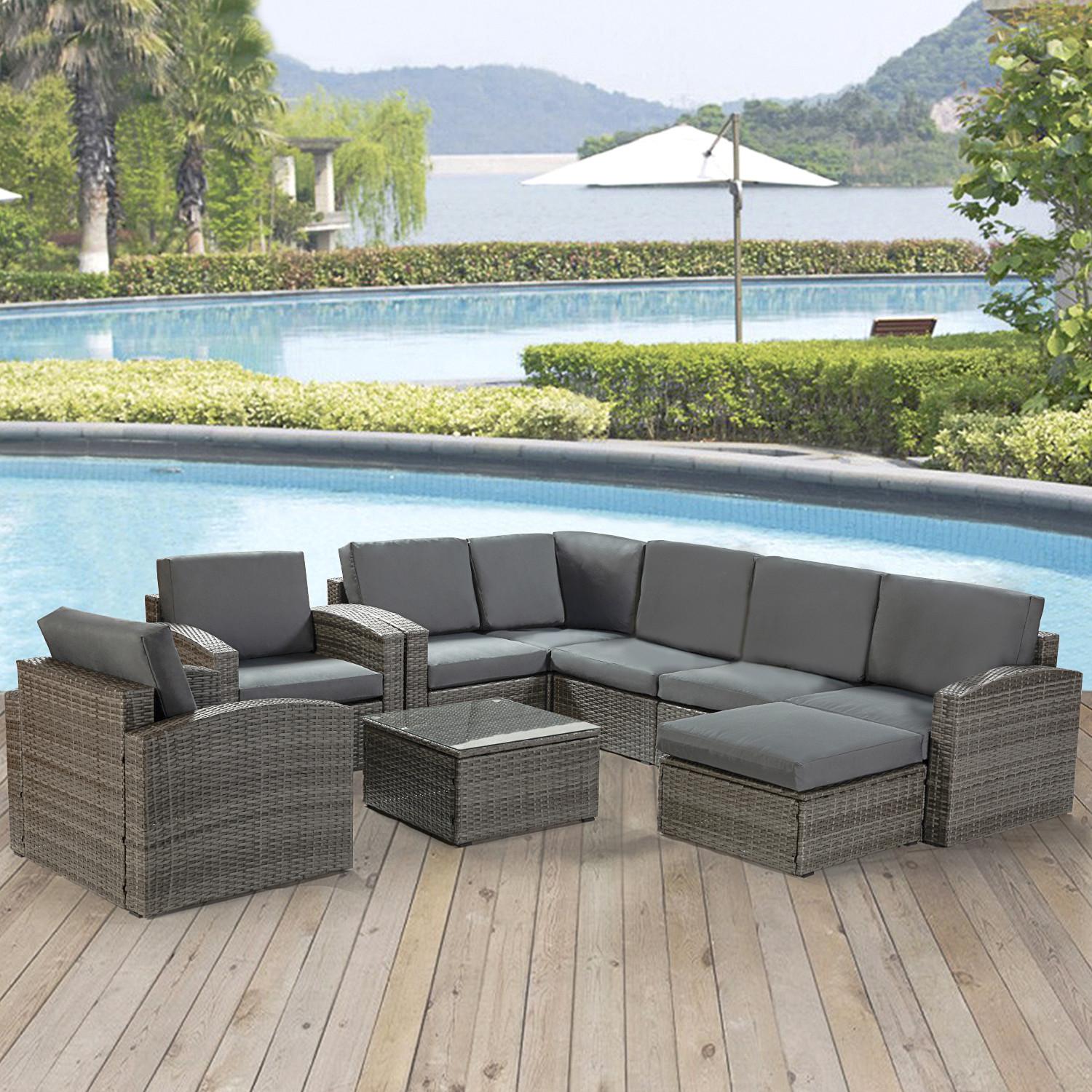 Brown Faux Rattan and Dark Gray Outdoor Sectional Sofa and Table Set