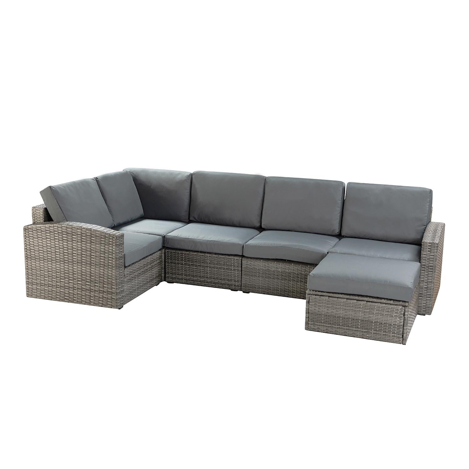 Brown Faux Rattan and Dark Gray Outdoor Sectional Sofa and Table Set