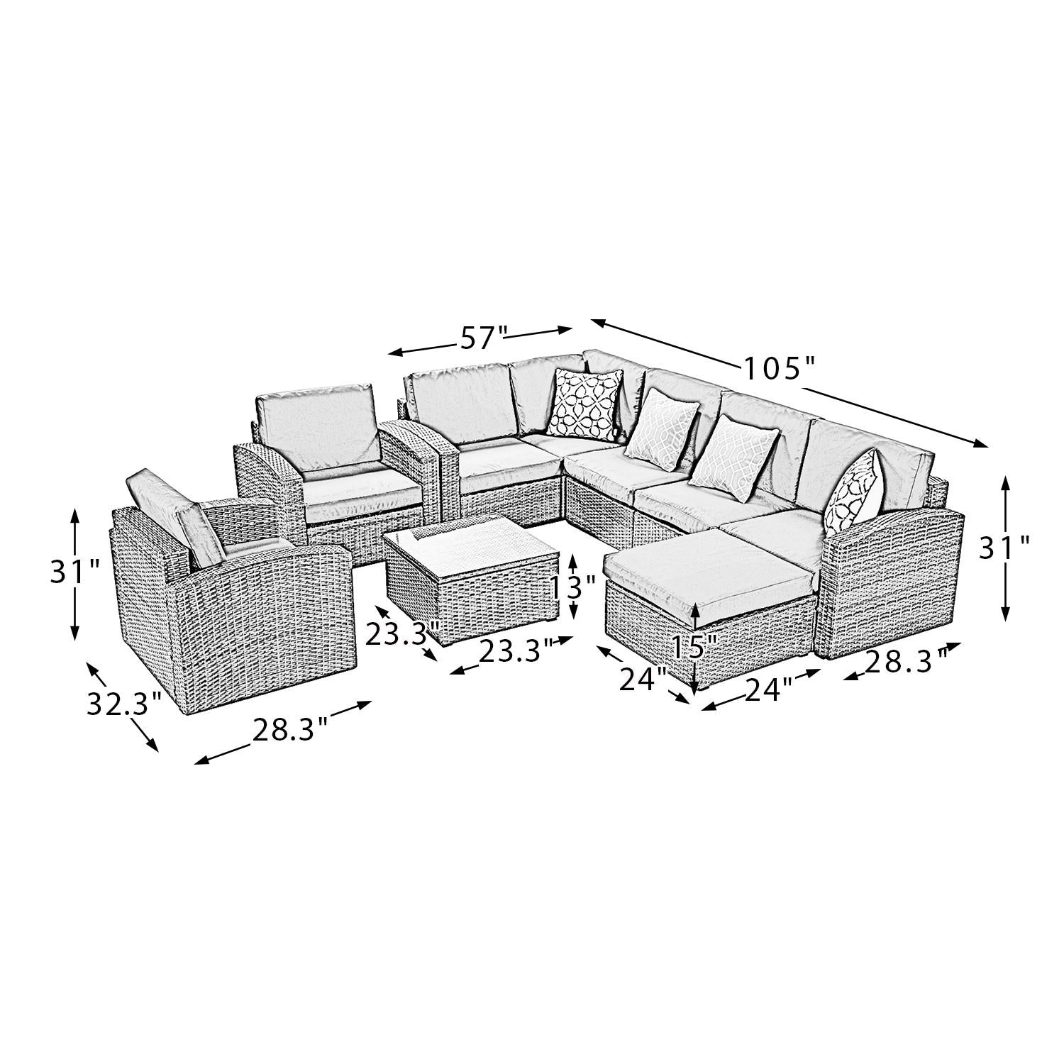 Brown Faux Rattan and Dark Gray Outdoor Sectional Sofa and Table Set