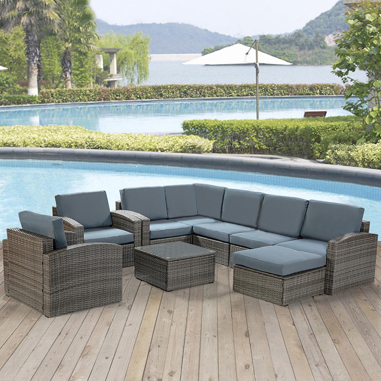 Brown Faux Rattan and Slate Blue Outdoor Sectional Sofa and Table Set
