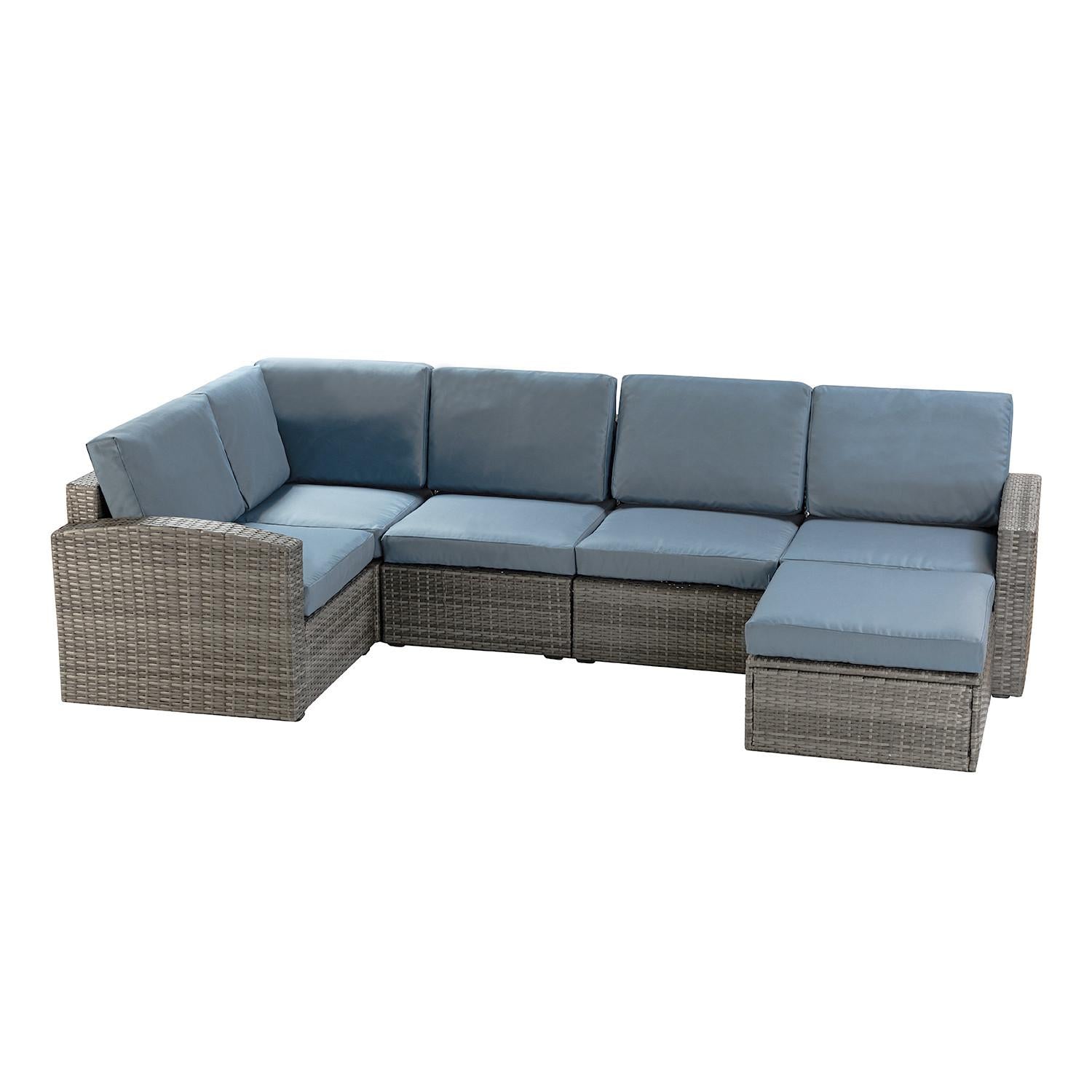 Brown Faux Rattan and Slate Blue Outdoor Sectional Sofa and Table Set