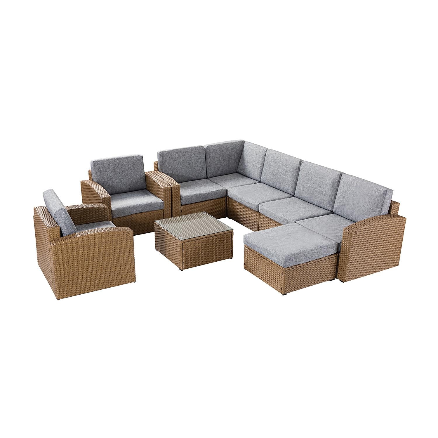 Natural Brown Faux Rattan and Gray Outdoor Sectional Sofa and Table Set