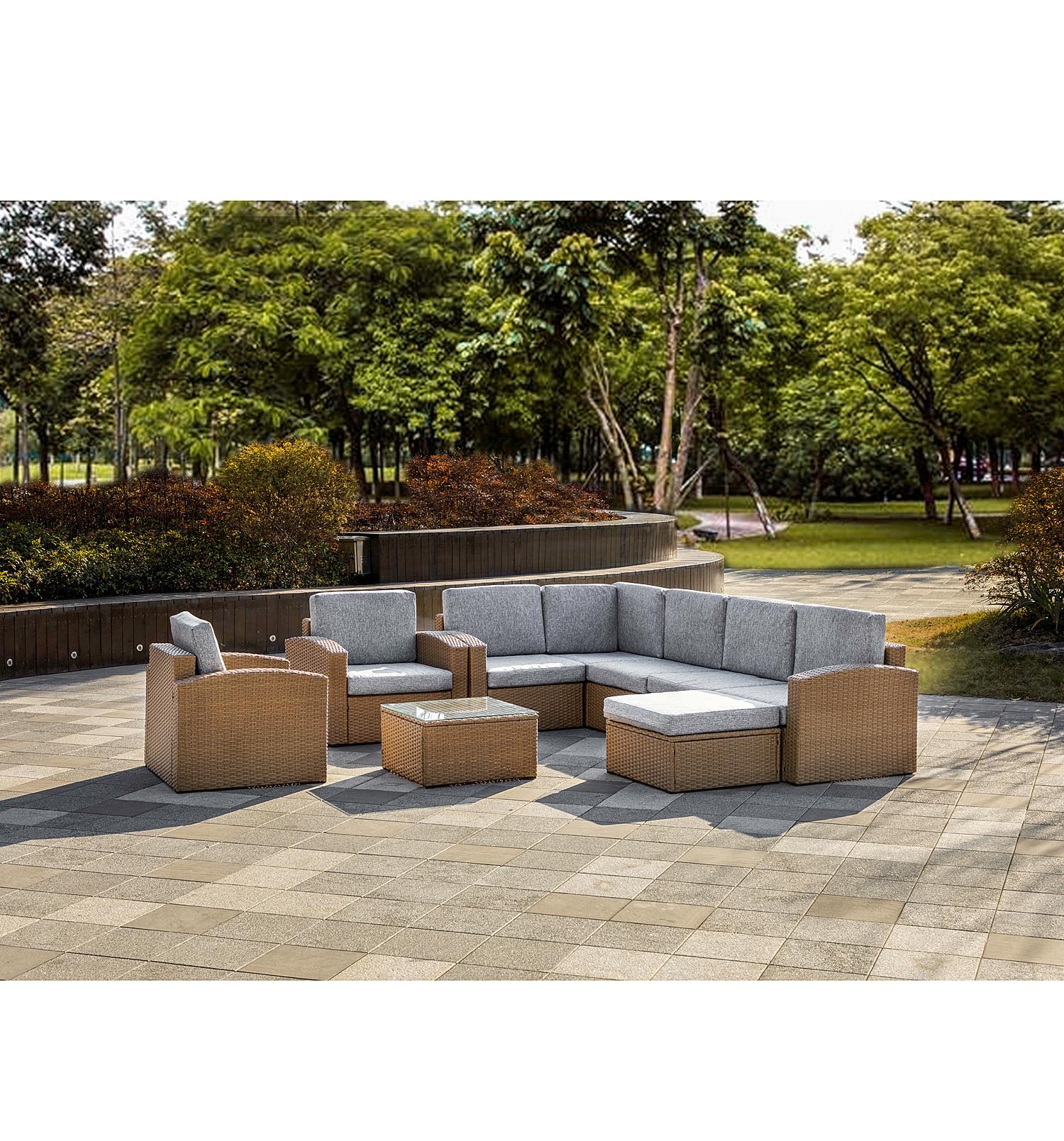 Natural Brown Faux Rattan and Gray Outdoor Sectional Sofa and Table Set