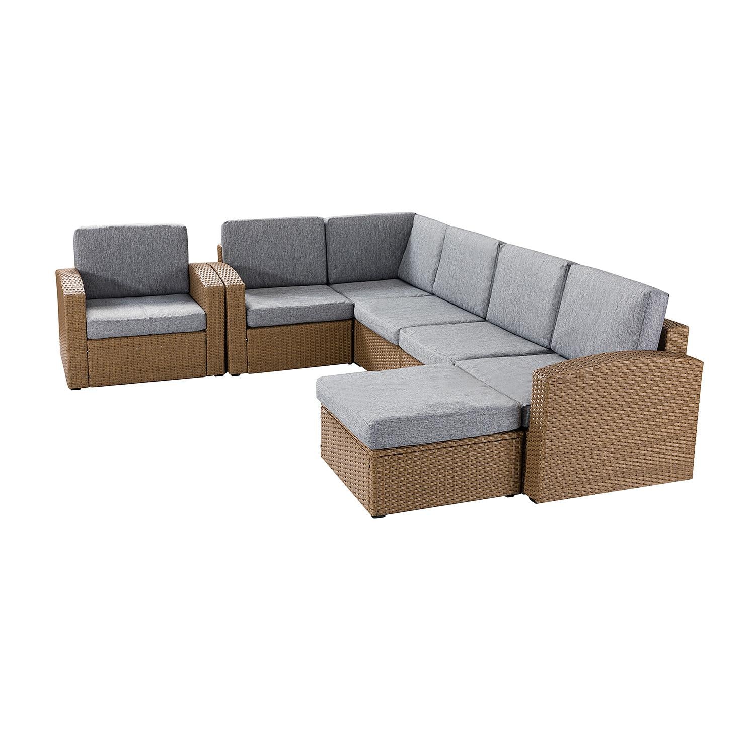 Natural Brown Faux Rattan and Gray Outdoor Sectional Sofa and Table Set