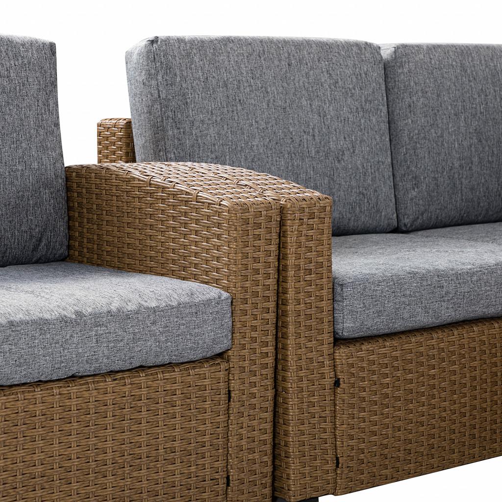 Natural Brown Faux Rattan and Gray Outdoor Sectional Sofa and Table Set