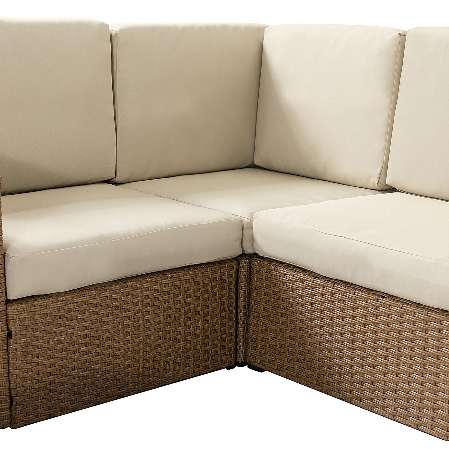 Natural Brown Faux Rattan and Ivory Outdoor Sectional Sofa and Table Set