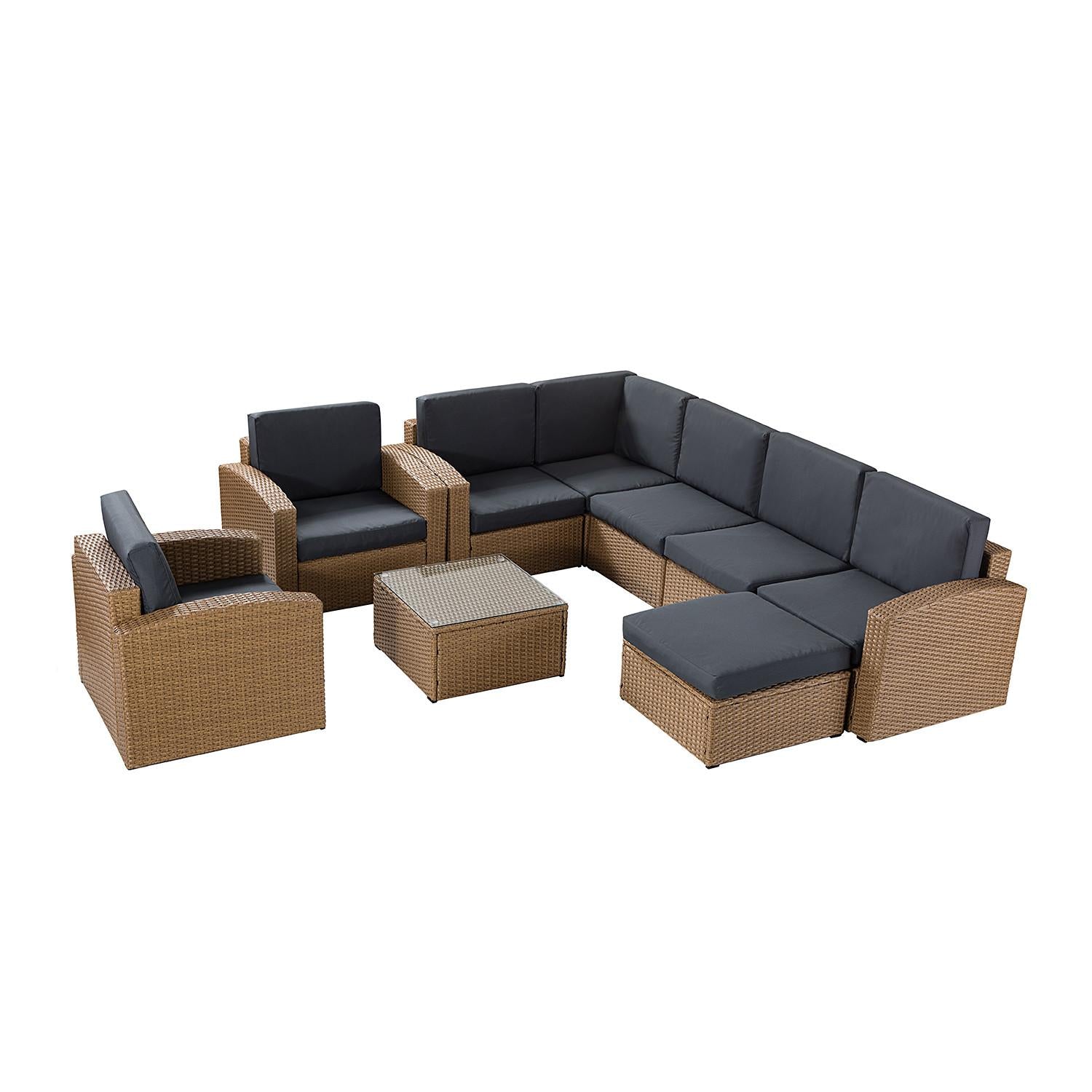 Natural Brown Faux Rattan and Charcoal Outdoor Sectional Sofa and Table Set