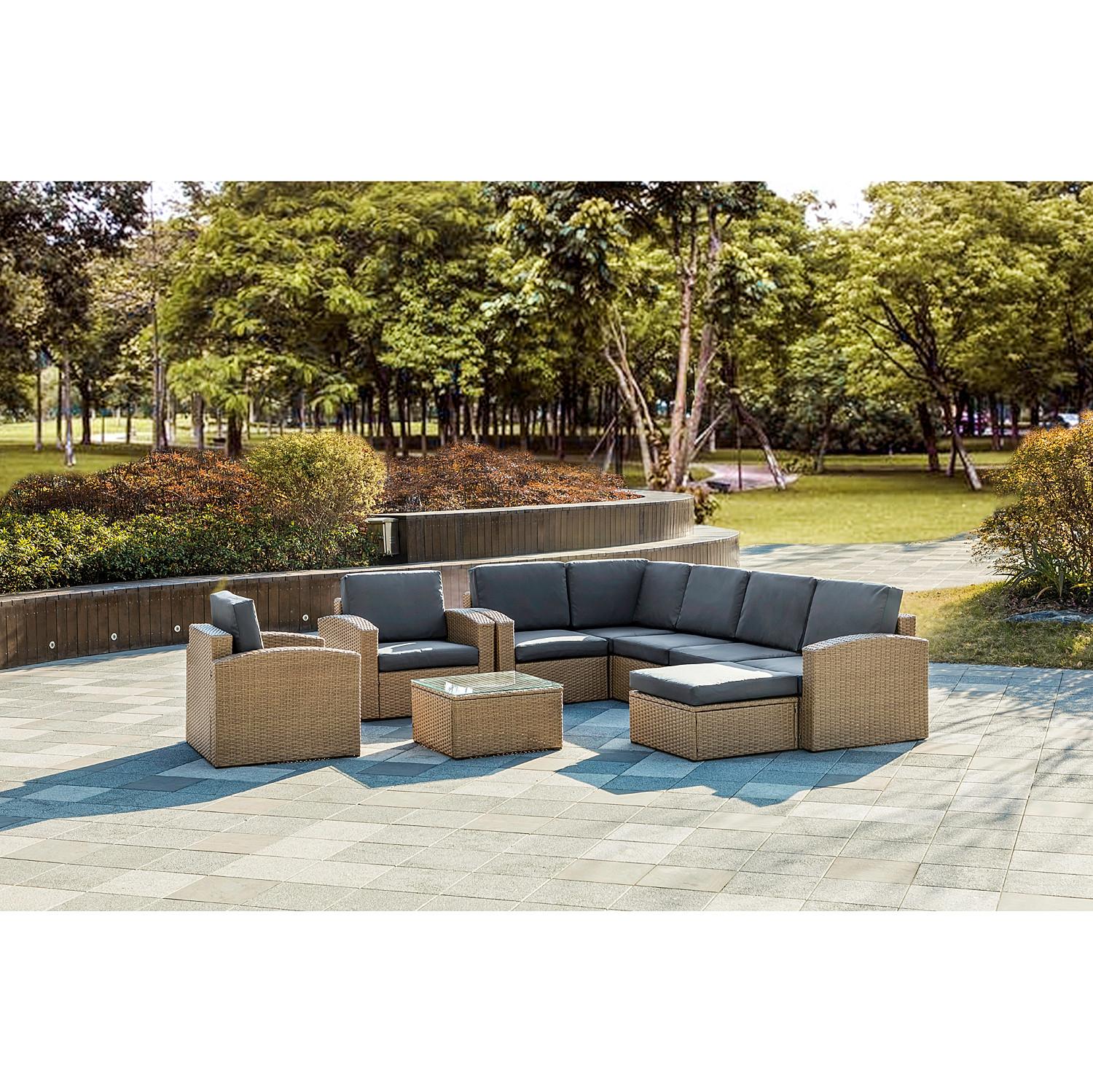 Natural Brown Faux Rattan and Charcoal Outdoor Sectional Sofa and Table Set