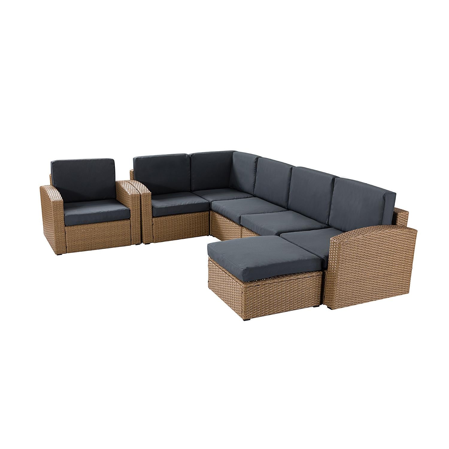 Natural Brown Faux Rattan and Charcoal Outdoor Sectional Sofa and Table Set