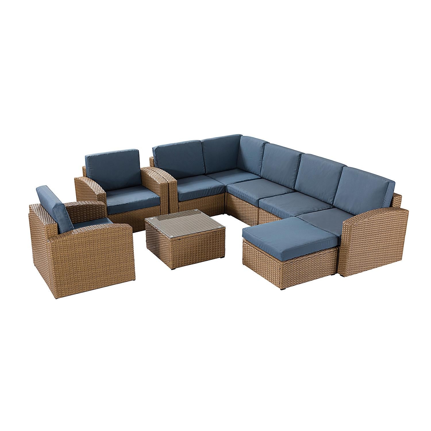 Natural Brown Faux Rattan and Slate Blue Outdoor Sectional Sofa and Table Set