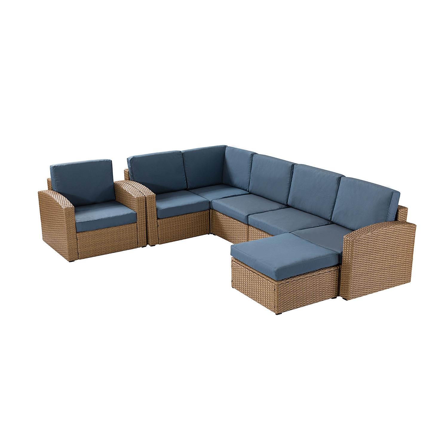 Natural Brown Faux Rattan and Slate Blue Outdoor Sectional Sofa and Table Set