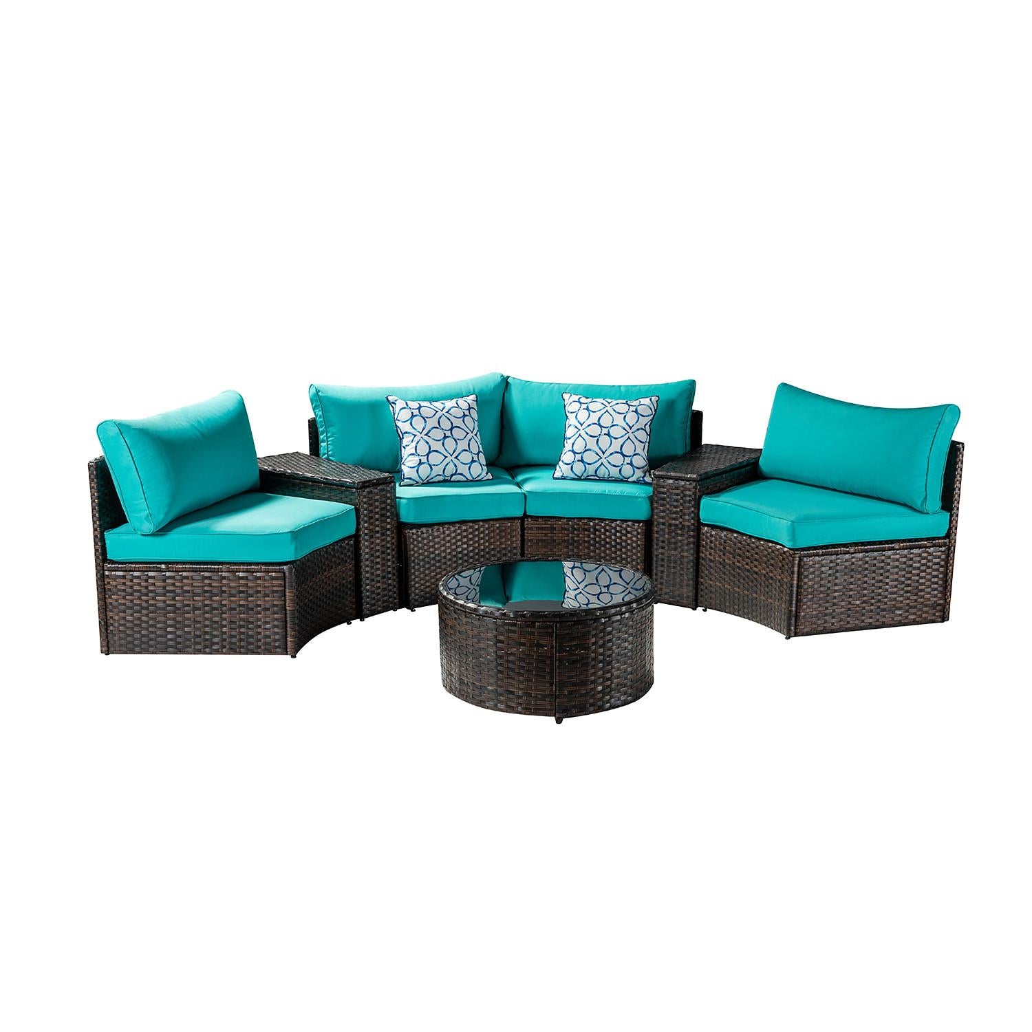 Arched Brown Faux Rattan and Aqua Outdoor Sectional Sofa Set