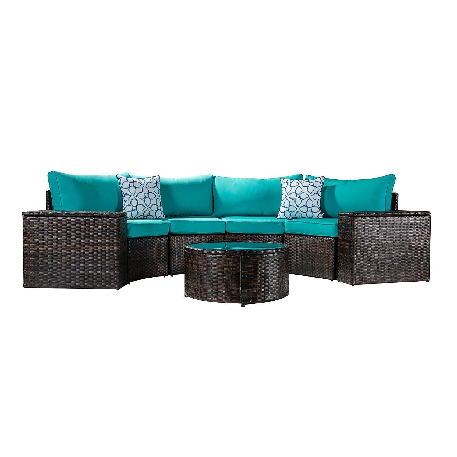 Arched Brown Faux Rattan and Aqua Outdoor Sectional Sofa Set